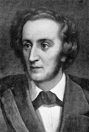 simsearch:400-06561114,k - Felix Mendelssohn (1809-1847) on engraving from 1908. German composer, pianist, organist and conductor of the early Romantic period. Engraved by unknown artist and published in "The world's best music, famous songs. Volume 6", by The University Society, New York,1908. Stock Photo - Budget Royalty-Free & Subscription, Code: 400-06565253