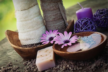 simsearch:400-05902613,k - Spa and wellness setting with natural soap, candles and towel. Violet dayspa nature set dayspa nature set Foto de stock - Royalty-Free Super Valor e Assinatura, Número: 400-06566035