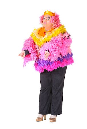 dress for fat women - Cheerful man, Drag Queen, in a Female Suit, over white background Stock Photo - Budget Royalty-Free & Subscription, Code: 400-06566140