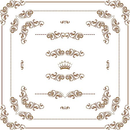 Vector set of gold decorative horizontal floral elements, corners, borders, frame, dividers, crown.  Page decoration. Stock Photo - Budget Royalty-Free & Subscription, Code: 400-06568878