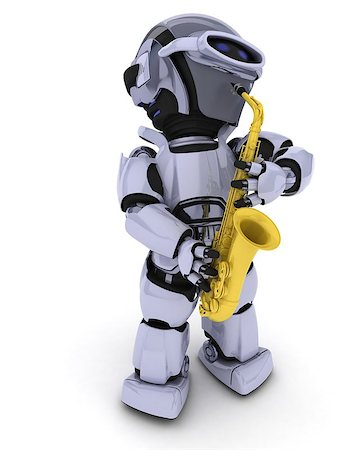 simsearch:400-06560748,k - 3D render of a Robot playing the saxophone Foto de stock - Royalty-Free Super Valor e Assinatura, Número: 400-06560750