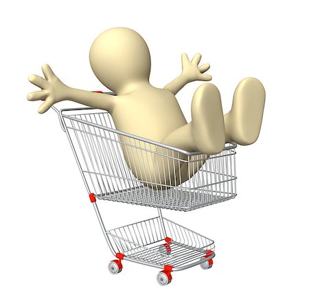einkaufssüchtiger (männlich) - Happy puppet in shopping cart. Isolated over white Stockbilder - Microstock & Abonnement, Bildnummer: 400-06561480