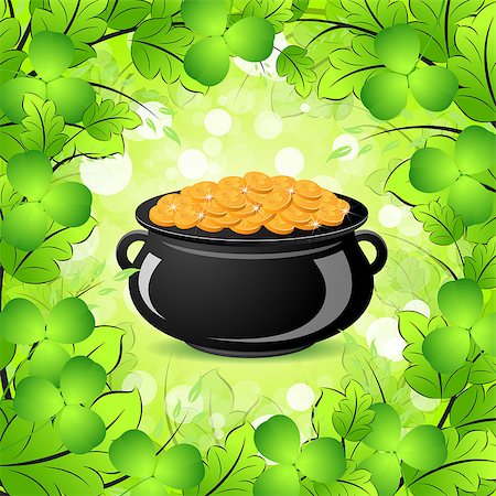 simsearch:400-08193746,k - St. Patricks Day Cauldron with Gold Coins in Green leaves and Shamrocks Foto de stock - Super Valor sin royalties y Suscripción, Código: 400-06561939