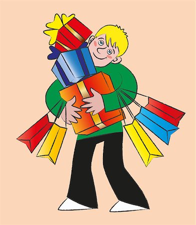 The young man tired and happy holds three  boxes of gifts and five gift paper bags Photographie de stock - Aubaine LD & Abonnement, Code: 400-06561994