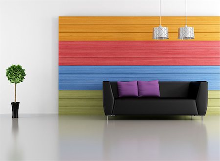 black couch in a minimalist living room with colorful wooden  panel - rendering Stock Photo - Budget Royalty-Free & Subscription, Code: 400-06562007