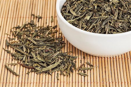 loose leaf Sencha green tea in a white china cup and spilled over bamboo mat Stock Photo - Budget Royalty-Free & Subscription, Code: 400-06562368