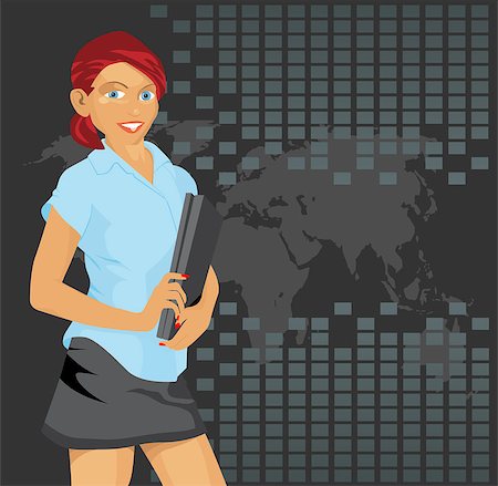 vector illustration of a smiling redhead business woman with a laptop in her hands over dark background with world map Foto de stock - Royalty-Free Super Valor e Assinatura, Número: 400-06562658