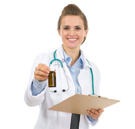 simsearch:400-07099832,k - Portrait of medical doctor woman with clipboard and medecine bottle Stock Photo - Budget Royalty-Free & Subscription, Code: 400-06562812