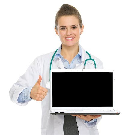 Smiling medical doctor woman showing laptop and thumbs up Stock Photo - Budget Royalty-Free & Subscription, Code: 400-06562842