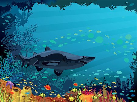 simsearch:400-05901743,k - Colored coral reef with shark and silhouette of fish on blue sea background Stock Photo - Budget Royalty-Free & Subscription, Code: 400-06627755