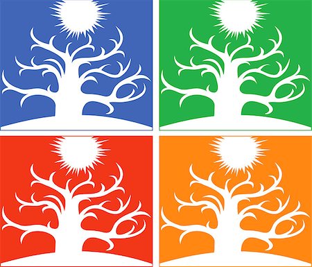 four seasons graphics - Four different colors vector illustration symbolizing the four seasons. Large wide tree and the sun in the sky Stock Photo - Budget Royalty-Free & Subscription, Code: 400-06628911