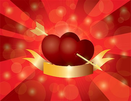 simsearch:400-05295204,k - Valentines Day Double Hearts with Gold Arrow and Banner on Red Sun Rays Background Illustration Stock Photo - Budget Royalty-Free & Subscription, Code: 400-06628962
