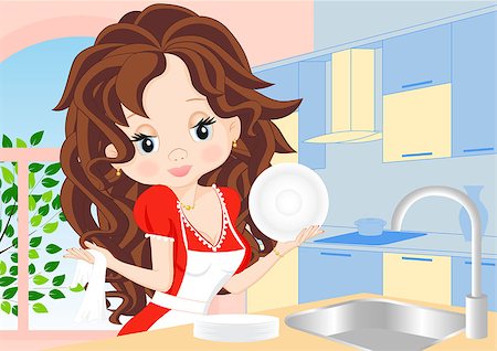 restaurant cooking family - woman in a red dress in the kitchen wipes the dishes Stock Photo - Budget Royalty-Free & Subscription, Code: 400-06629002