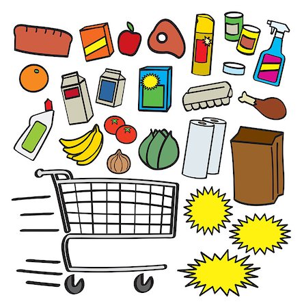 A colorful collection of various cartoon supermarket items, products, and graphics. Stock Photo - Budget Royalty-Free & Subscription, Code: 400-06629365