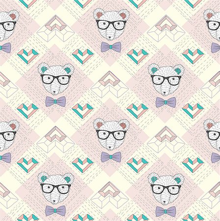 Seamless pattern with hipster polar bear and hearts. Cute background for children or teenagers. Stockbilder - Microstock & Abonnement, Bildnummer: 400-06629547