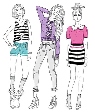 Young fashion girls illustration. Vector illustration. Background with teen females in fashionable clothes posing. Fashion illustration. Stock Photo - Budget Royalty-Free & Subscription, Code: 400-06629555
