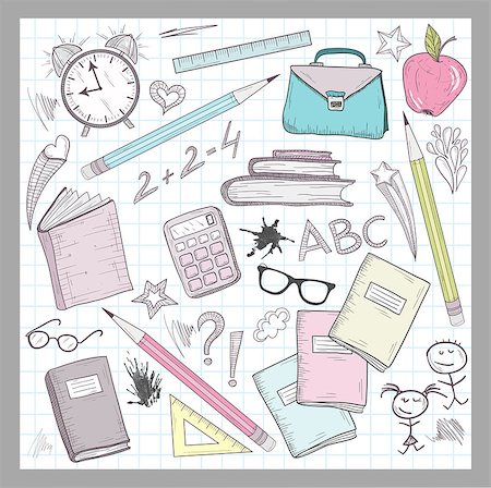 School supplies elements on lined sketchbook paper background Stockbilder - Microstock & Abonnement, Bildnummer: 400-06629584