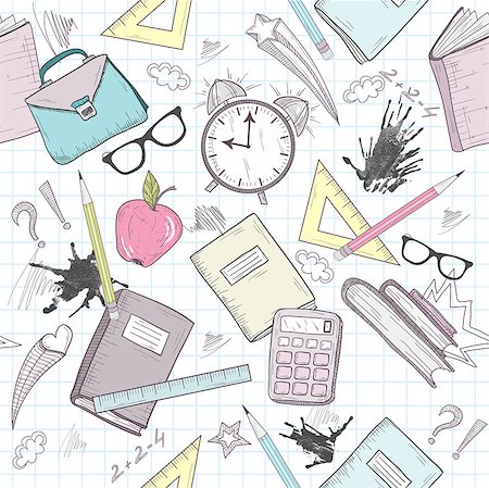 simsearch:400-07170780,k - Cute school abstract pattern. Seamless pattern with alarm clock, bags, glasses, stars, books and ink stains. Fun pattern for teenagers or children. Stock Photo - Budget Royalty-Free & Subscription, Code: 400-06629583