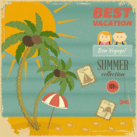 sea postcards vector - Summer Vacation Card in retro Style. Vintage Postcard with Summer Items in Old Style. Vector Illustration. Stock Photo - Budget Royalty-Free & Subscription, Code: 400-06629834