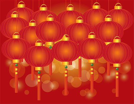 simsearch:400-06520249,k - Happy Chinese Lunar New Year Red Lanterns on Red Bokeh Background Illustration Stock Photo - Budget Royalty-Free & Subscription, Code: 400-06629957