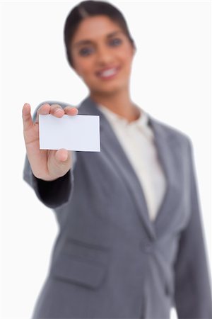 simsearch:400-06633122,k - Blank business card being shown by female entrepreneur against a white background Stock Photo - Budget Royalty-Free & Subscription, Code: 400-06634375