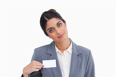 simsearch:400-06633122,k - Female entrepreneur pointing at name sign against a white background Stock Photo - Budget Royalty-Free & Subscription, Code: 400-06634432