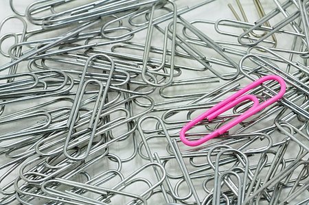 simsearch:400-04833580,k - Many metal and one colored paper clips on white background Stock Photo - Budget Royalty-Free & Subscription, Code: 400-06638499