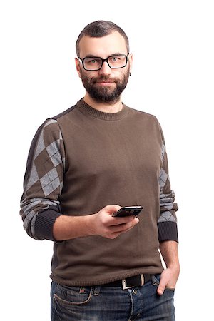 simsearch:400-06769983,k - Portrait of young man with beard holding cell phone Foto de stock - Royalty-Free Super Valor e Assinatura, Número: 400-06638815