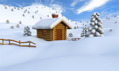 3D illustration of a cute little wooden hut in the middle of snowy countryside Stock Photo - Budget Royalty-Free & Subscription, Code: 400-06639131