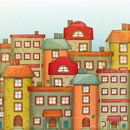 Square Urban background. Townhouses in a retro Style. Little Town. Vector Illustration. Stock Photo - Budget Royalty-Free & Subscription, Code: 400-06639726