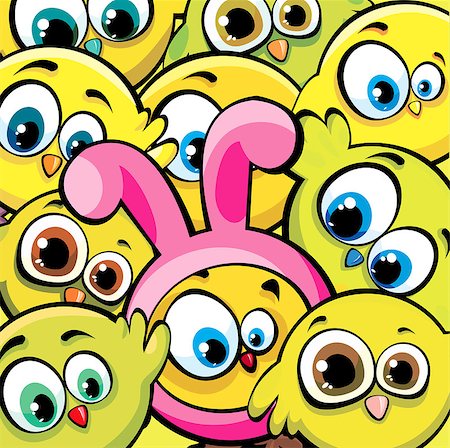 Funny cartoon yellow birds and chicken looks like a pink bunny. Easter vector background. Foto de stock - Super Valor sin royalties y Suscripción, Código: 400-06639808