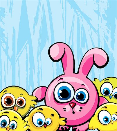 easter rabbit vector - Funny cartoon pink bunny and yellow chickens on a blue background. Stock Photo - Budget Royalty-Free & Subscription, Code: 400-06639813