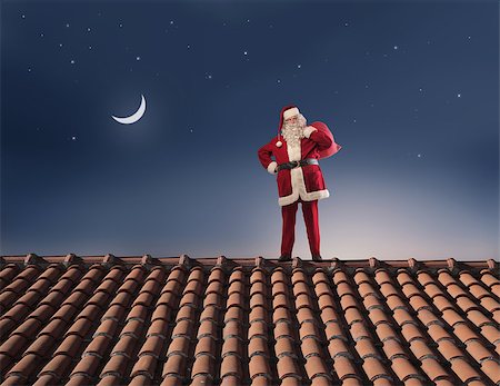 santa night - Santa Claus standing with his sack on a house roof Stock Photo - Budget Royalty-Free & Subscription, Code: 400-06639919