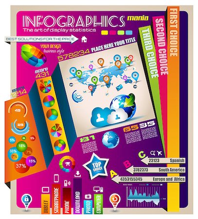 statistics - Infographic elements - set of paper tags, technology icons, cloud cmputing, graphs, paper tags, arrows, world map and so on. Ideal for statistic data display. Foto de stock - Super Valor sin royalties y Suscripción, Código: 400-06630155