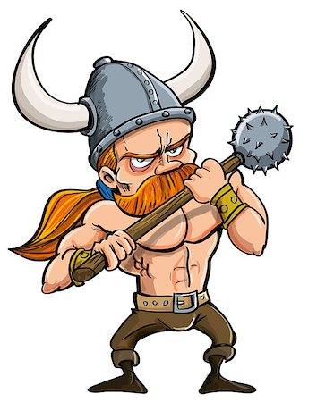 Cartoon illustration of a fierce redhead viking warrior in a horned helmet carrying a spiked mace isolated on white Stock Photo - Budget Royalty-Free & Subscription, Code: 400-06630182