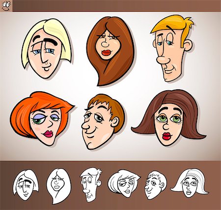 Cartoon Illustration of Funny People Set with Men and Women Heads plus Black and White versions Photographie de stock - Aubaine LD & Abonnement, Code: 400-06630226