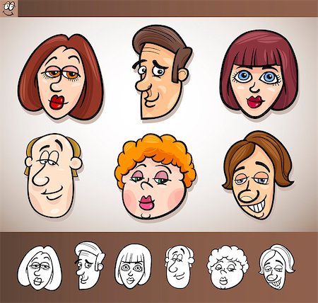 Cartoon Illustration of Funny People Set with Men and Women Heads plus Black and White versions Stock Photo - Budget Royalty-Free & Subscription, Code: 400-06630227