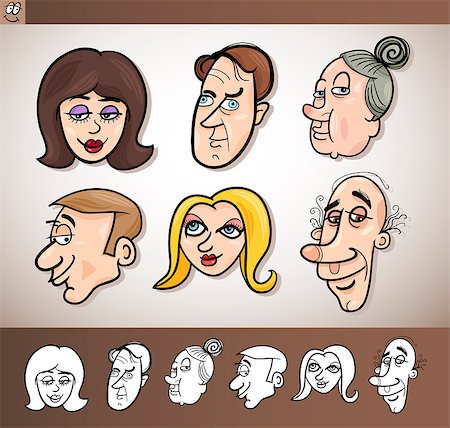 Cartoon Illustration of Funny People Set with Men and Women Heads plus Black and White versions Stock Photo - Budget Royalty-Free & Subscription, Code: 400-06630246