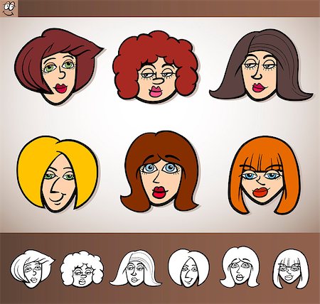 Cartoon Illustration of Funny People Set with Women Heads plus Black and White versions Photographie de stock - Aubaine LD & Abonnement, Code: 400-06630248