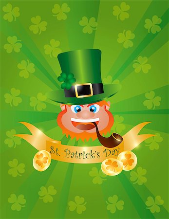 simsearch:400-08502521,k - St Patricks Day Irish Leprechaun Head with Hat Smoking Pipe Banner and Gold Coins Illustration on Green Background Foto de stock - Super Valor sin royalties y Suscripción, Código: 400-06630259