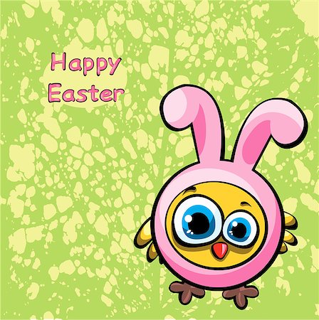 Funny yellow chicken looks like a bunny on a green background. Easter vector card. Foto de stock - Super Valor sin royalties y Suscripción, Código: 400-06630402