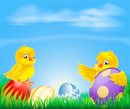 simsearch:400-06692271,k - Cute cartoon happy little yellow Easter baby chickens with colorful decorated Easter eggs Stock Photo - Budget Royalty-Free & Subscription, Code: 400-06630420