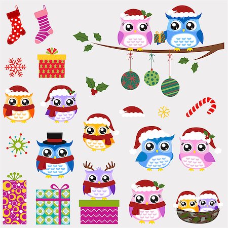 owl christmas ornaments and gifts set Stock Photo - Budget Royalty-Free & Subscription, Code: 400-06630543