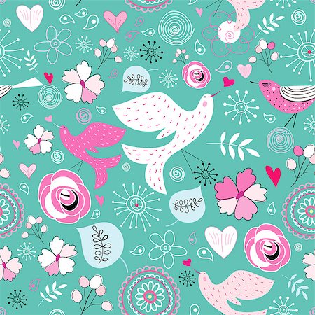 simsearch:400-06524884,k - Seamless floral pattern with birds in love on a green background Foto de stock - Super Valor sin royalties y Suscripción, Código: 400-06630830