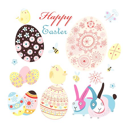 rabbit illustration - bright greeting card with eggs and chicks for Easter Stock Photo - Budget Royalty-Free & Subscription, Code: 400-06630985