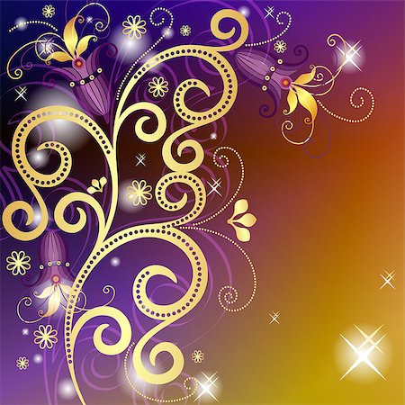 Gold-violet-orange floral vintage frame with translucent gold flowers and stars(vector EPS 10) Stock Photo - Budget Royalty-Free & Subscription, Code: 400-06631041