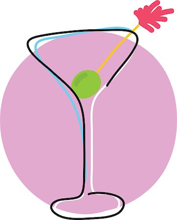 A stylized outline of a Martini glass with an olive on a swizzle stick, and a dash of colour for flair. Stock Photo - Budget Royalty-Free & Subscription, Code: 400-06631108