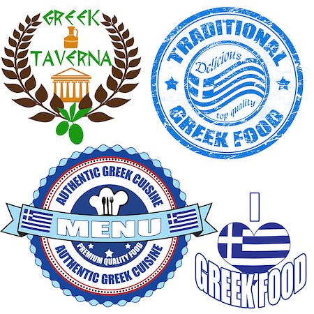 Set of authentic greek food stamp and labels on white background, vector illustration Stock Photo - Budget Royalty-Free & Subscription, Code: 400-06631283