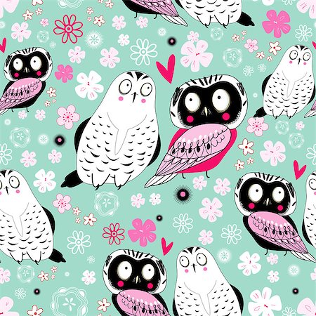 Seamless floral pattern with funny owls in love on a bright green blue background Stock Photo - Budget Royalty-Free & Subscription, Code: 400-06631662