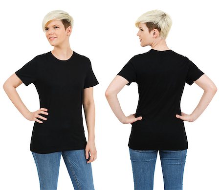 shirt front back model - Young beautiful blond female with blank black shirt, front and back. Ready for your design or artwork. Stock Photo - Budget Royalty-Free & Subscription, Code: 400-06631681